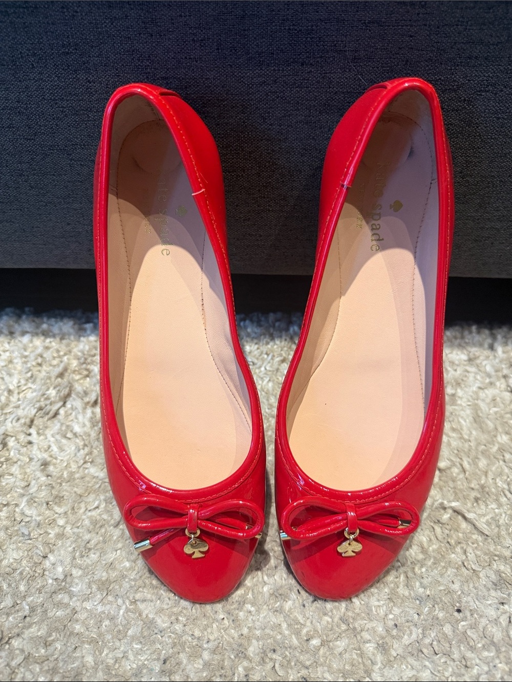 kate spade Red Patent Ballet Flats with Bow and Gold Spade Charm